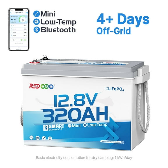Redodo 12V 320Ah Mini Bluetooth Lithium Battery, Best for Boondocking, Long Road Trip, Desert Trip