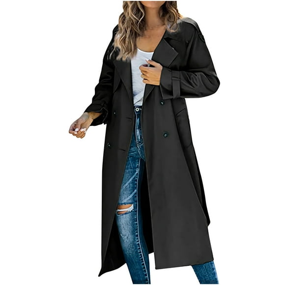 IROINID Women's Long Trench Coat Notch Lapel Solid Color Long Sleeve Double Breasted Coat Trench Coat Hoodless Casual Outwear, Black