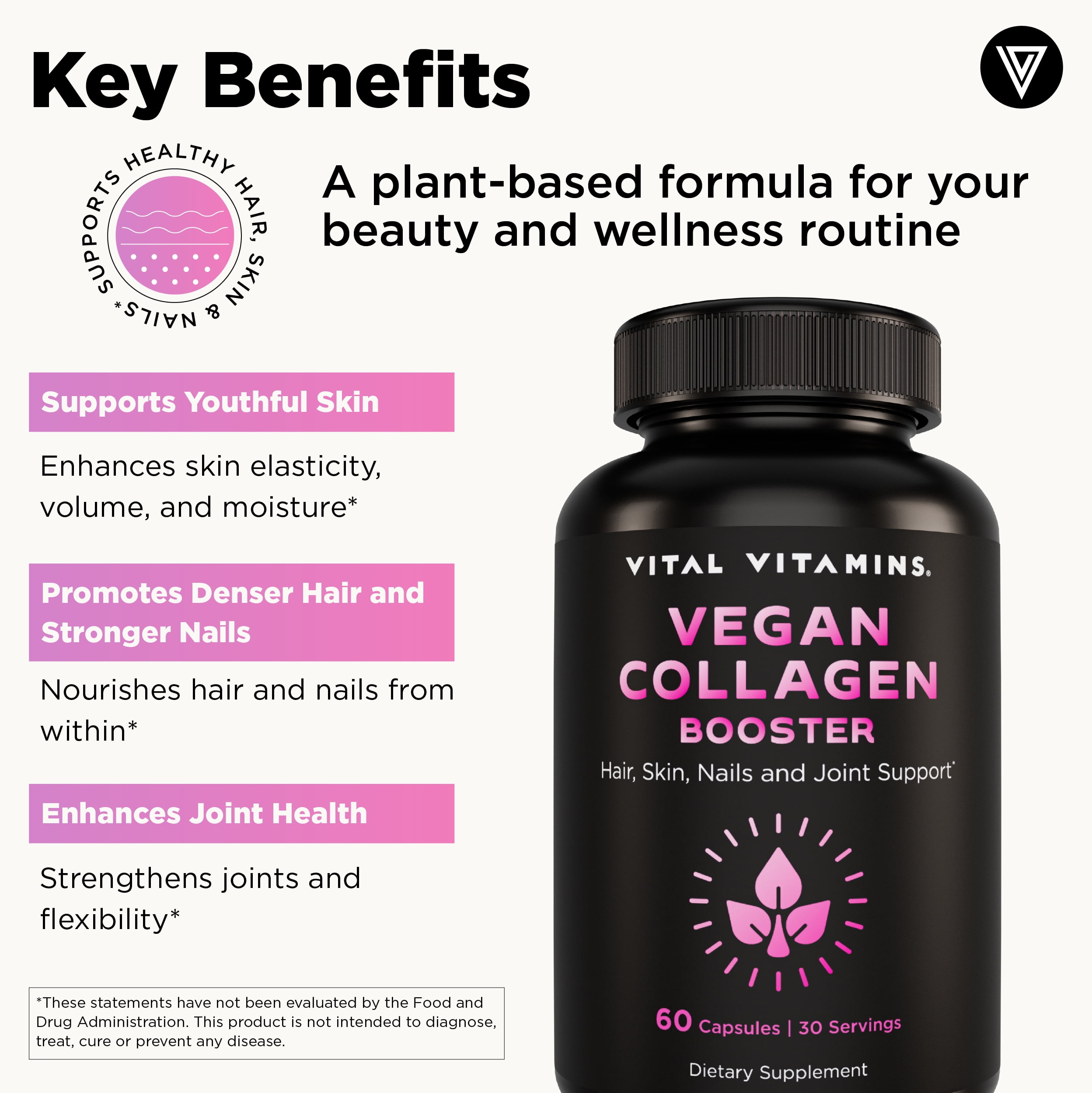 Vital Vitamins Vegan Collagen Booster - with Hyaluronic Acid - Hair, Skin, Nails & Joints - 60 Ct
