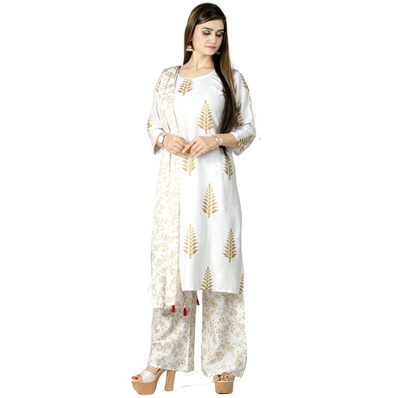 Chandrakala Gold Foil Printed Kurti Palazzo Set for Women Rayon Cotton Indian Ethnic Tunic ,Small (K176WHI1)