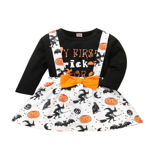 Tenue d'Halloween 2 Pcs pour Filles Imprimé Lettre Col Rond Manches Longues Jupe à Bretelles Citrouille