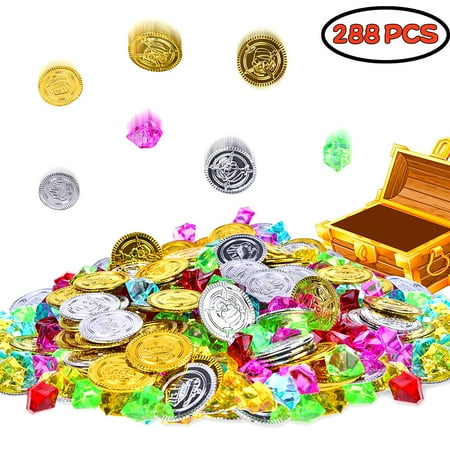 Halloween Decorations, Halloween Party Favors,Halloween Gold Coins Pirate Jewelry Treasure Box for Theme Party Supply 288 PCs (144 Coins+144 Gems)F-189