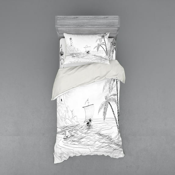 Ambesonne Beach Bedding Set 3 Pcs, Sketch with Boat Palms, Twin XL, Black and White