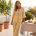 thumbnail image 6 of Stralyhd Plaid Women's 2 Piece Beach Cover Up Set V Neck Button Top Loose Wide Leg Pants Lightweight Summer Vacation Yellow XL, 6 of 6