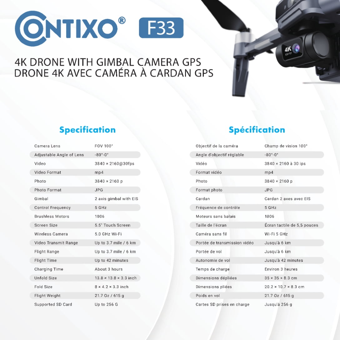 Contixo F33 Vortex 4K Drones for Adults with Camera, 2-Axis Gimbal GPS Drones for Adults with Remote and Case, Gray