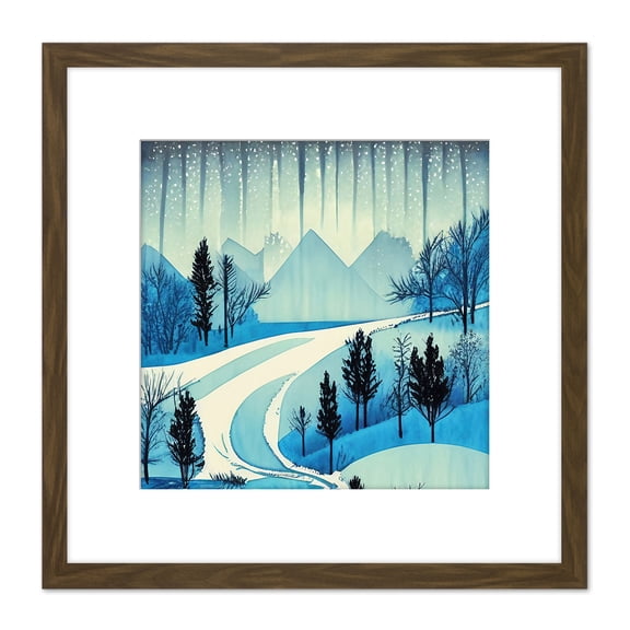 Northern Lights Aurora Mountain Pine Forest Winter Blue River Rocks Watercolour Square Wooden Framed Wall Art Print Picture 8X8 Inch