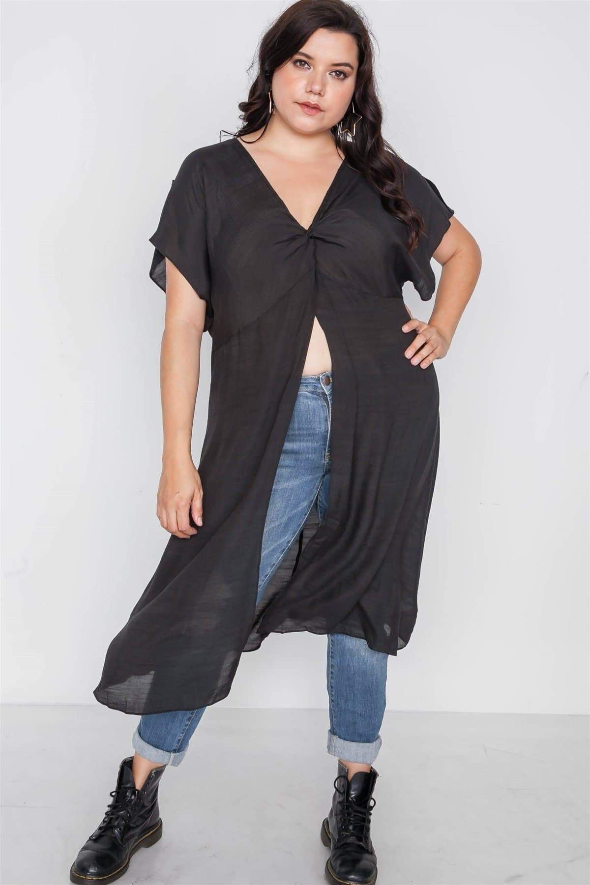 CC Wholesale Clothing Plus Size Black Front Slit Tunic Coverup Top
