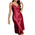 thumbnail image 2 of Fartey Casual Satin Nightgown for Women Sexy Lace Trim V Neck Chemise Sleepwear Soft Comfy Spaghetti Strap Sleeveless Nightgowns Loose Flowy Side Split Nightdress Red L, 2 of 4