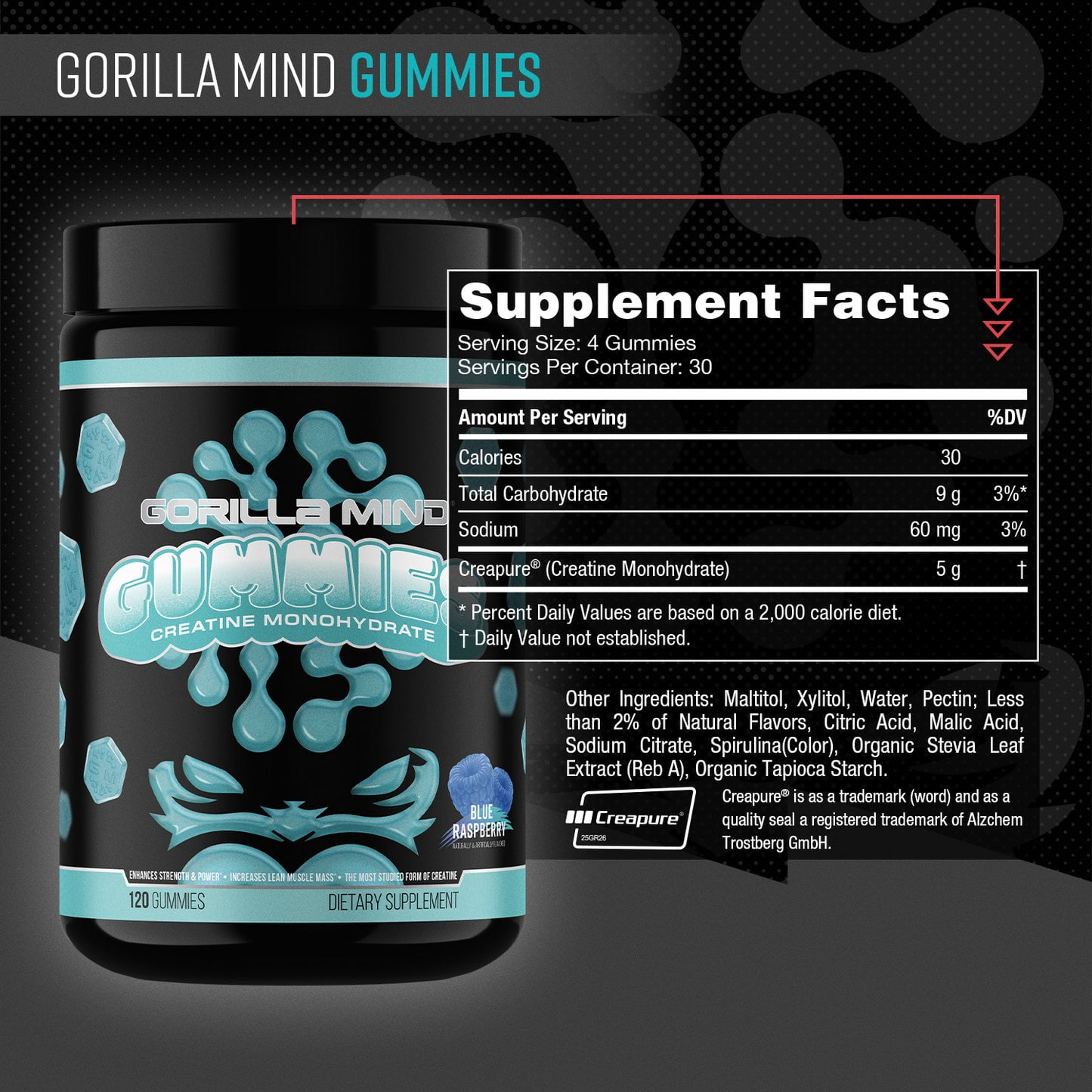 Gorilla Mind Creatine Gummies, 5g Creapure® Creatine Monohydrate, No Added Sugar, Blue Raspberry Flavor, 120 Count