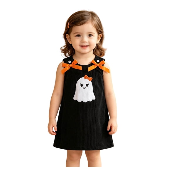 JFOPQVSM Girls Comfortable and Breathable Halloween Dress Cute Cartoon Embroidery Sleeveless Dress
