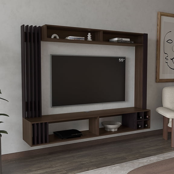 TUHOME Bremmen Entertainment Center with TV Panel, Open Shelving and Concealed Storage