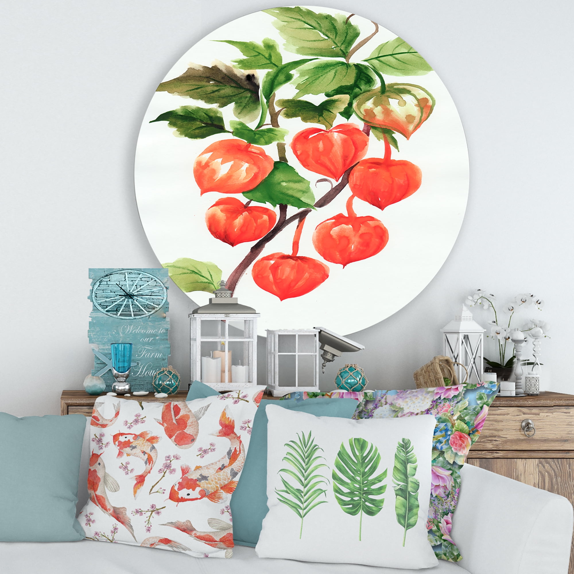 Designart 'A Red Physalis Branch' Traditional Circle Metal Wall Art 29x29 - Disc of 29