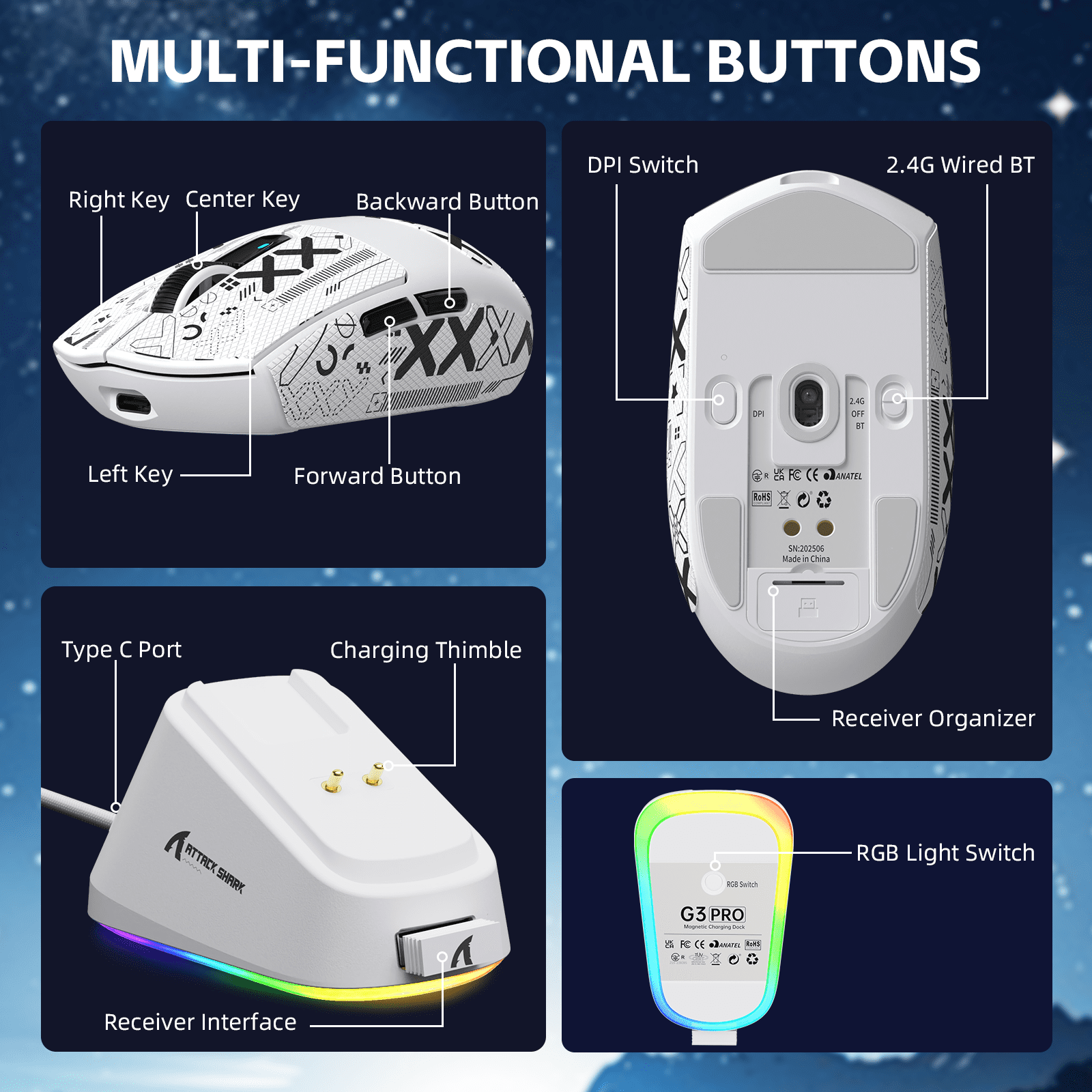 ATTACK SHARK G3PRO Tri-mode Wireless Gaming Mouse with Charge Dock 25000 DPI Ultra Lightweight