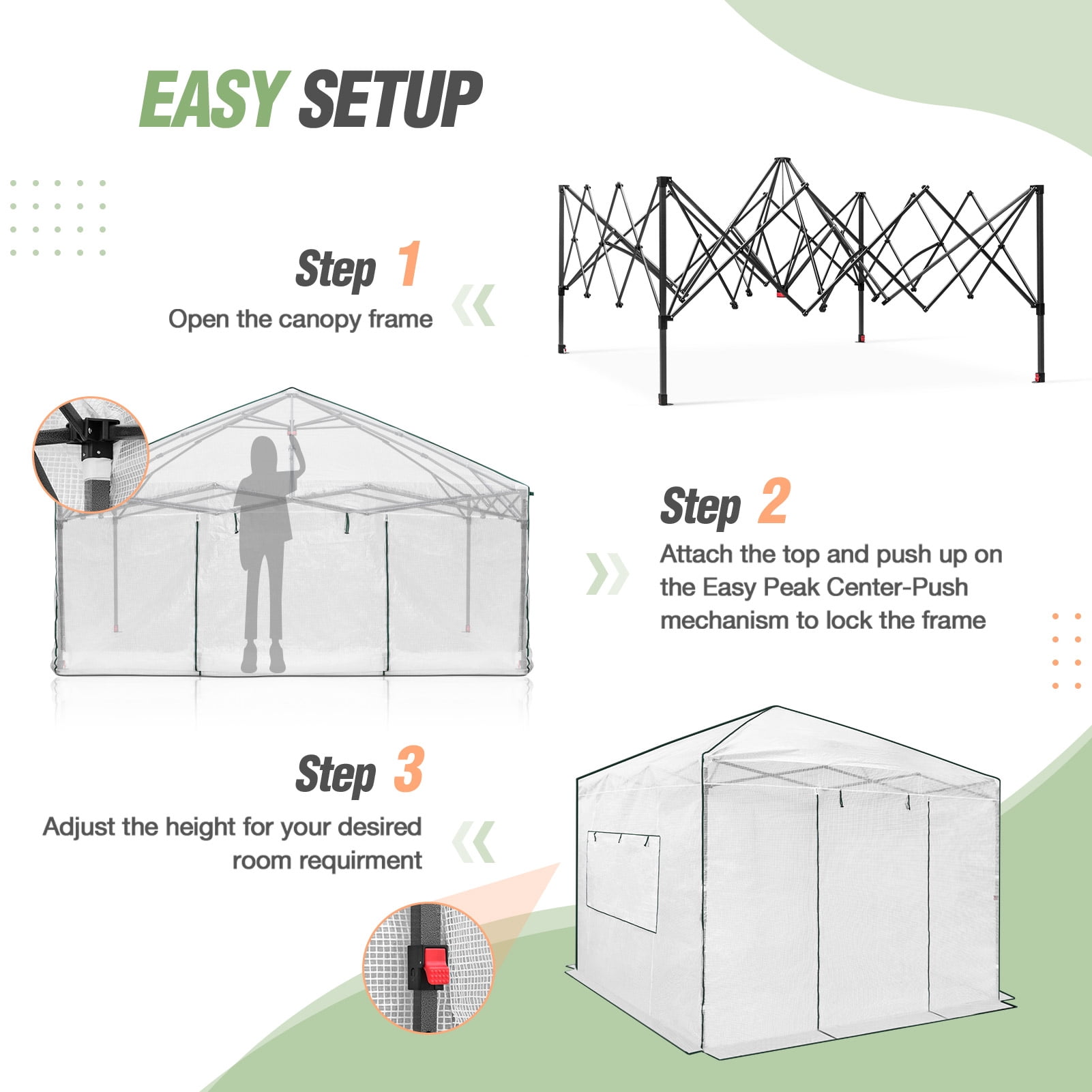 EAGLE PEAK 10'x 10' Portable Walk-in Greenhouse Instant Pop-up Easy Setup Indoor Outdoor Plant Gardening Green House Canopy, Front and Rear Roll-Up Zipper Entry Doors and 2 Large Roll-Up Side Windows