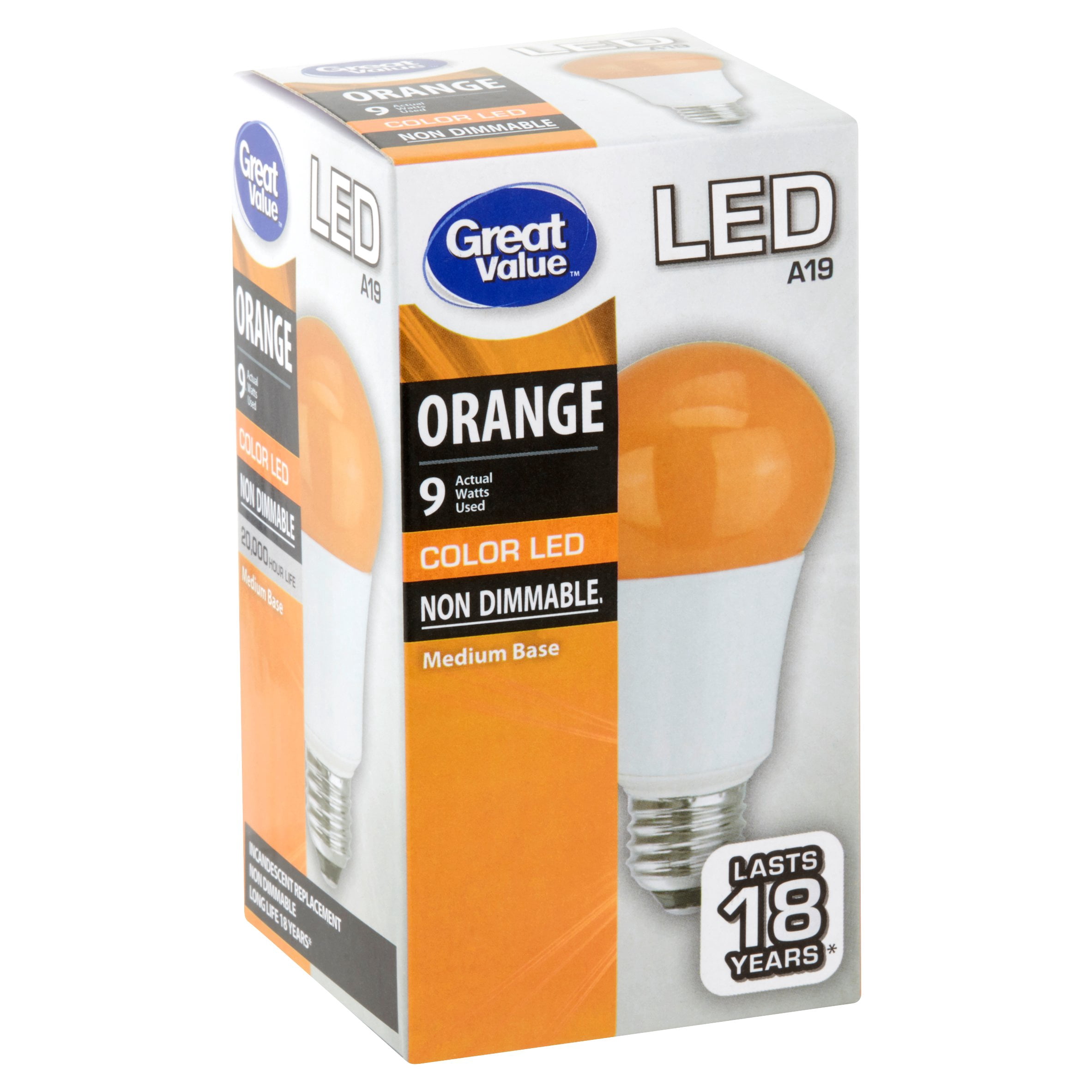 Great Value LED Orange Color LED Medium Base A19 9 Watts
