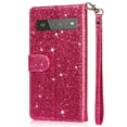 thumbnail image 2 of SaniMore for Google Pixel 6 Pro PU Leather Case, Magnetic Closure Flip Zipper Wallet Glitter Cover with Wrist Strap Card Slot & Kickstand Shockproof Protective Shell for Girls Ladies Women, Rose, 2 of 5