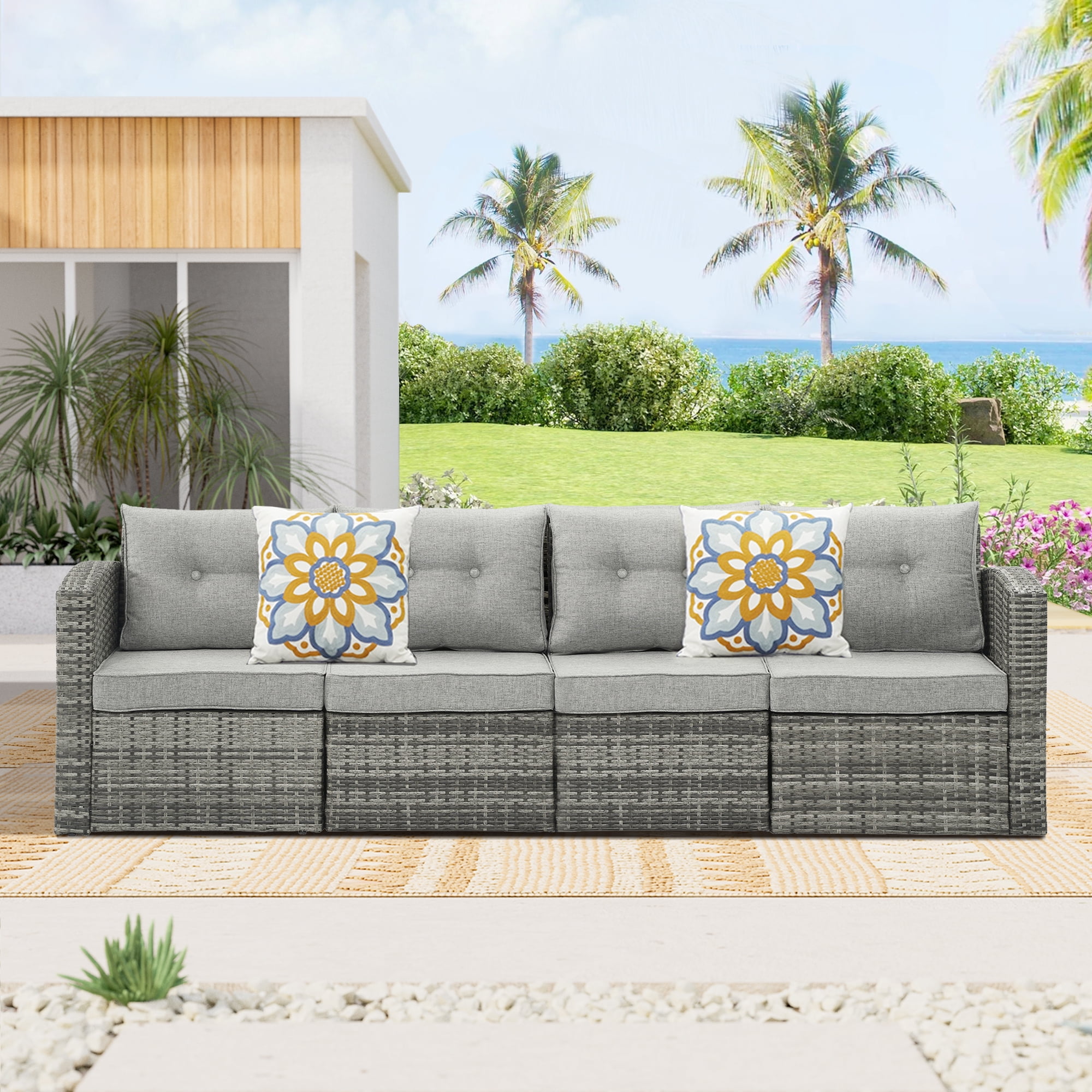 Royalcraft 4 Pieces PE Light Grey Wicker Outdoor Furniture,Patio Sofa