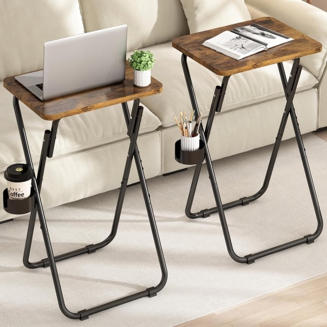 Juego de 2 Mesa Plegable Pequeño, Bandejas de TV Plegable Portátil, Mesa Auxiliar Servicio para Sala, Cama, Sofá, Mesa de Bandeja de Cena de TV con Soporte para Tazas