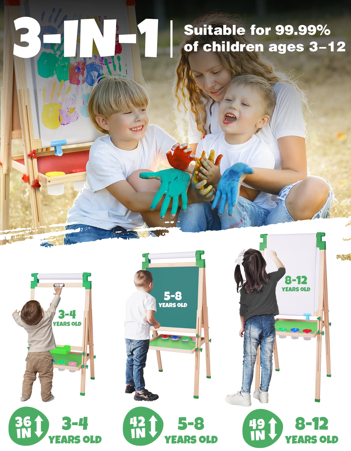 JOYOOSS 28"-29" Adjustable Wood Double-Sided Whiteboard and Chalkboard Art Easel with Drawing Paper, Chalk, Markers, Erasers, Magnetic Letters