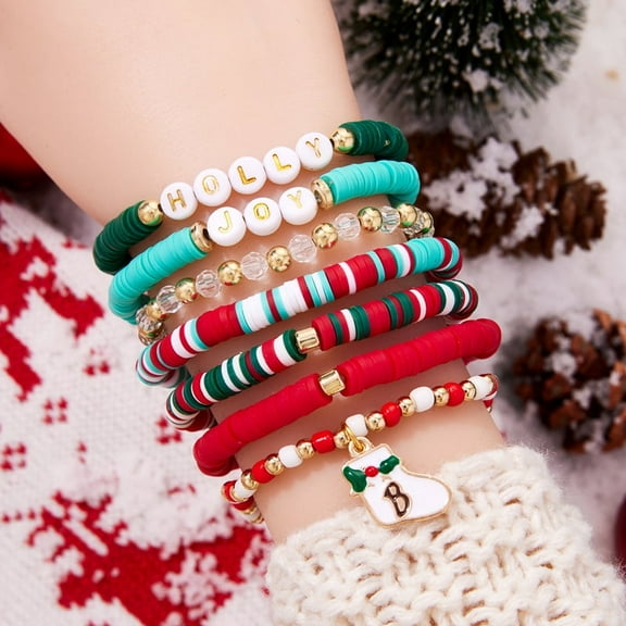 NICKSUN 7pcs Christmas Clay Beaded Bracelets, Stackable Xmas Stretch Friendship Bracelets Festive Bracelets Reindeer Snowmen Christmas Jewelry Christmas for Women Costume Party Favors