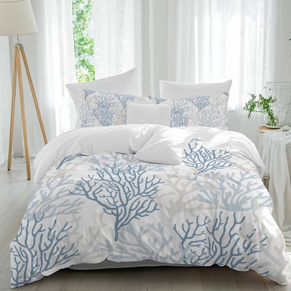 3 Piece Blue Grey Coral Coastal Duvet Cover Set California King,Microfiber Comforter/Quilt Cover with Corner Ties and 2 Pillowcases,Summer Beach Seaside Nautical Soft Bedding with Zipper Closure