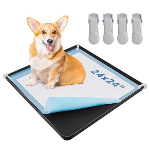 Dog Pee Pad Holder - Silicone Puppy Potty Tray With High Edge and 4 Clamps for Training, Fits Up to 24" x 24" Pads, Black