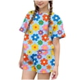 thumbnail image 2 of RKSTN Girls Ensembles pour Filles, T-Shirts à Col Rond à Manches Courtes à Imprimé Floral Coloré avec Shorts, Grande Enfant, Ensemble Pièce Two (Bleu, 5-6 Ans), 2 of 6