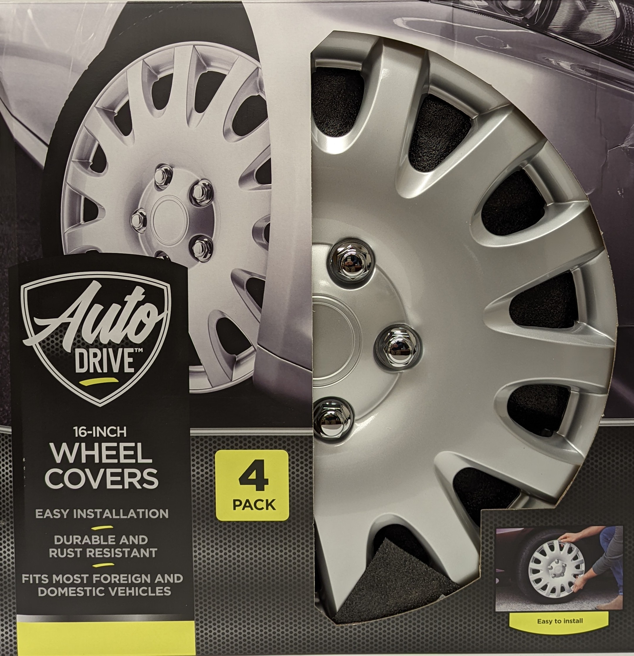 AUTO DRIVE 16 INCH SILVER ALLOY FINISH HUBCAP WHEEL COVERS – SET OF 4 – FITS MOST CARS