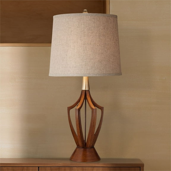 360 Lighting St. Claire Modern Mid Century Table Lamp 30 3/4" Tall Wood USB Charging Port Fabric Drum Shade for Bedroom Living Room Office House Home