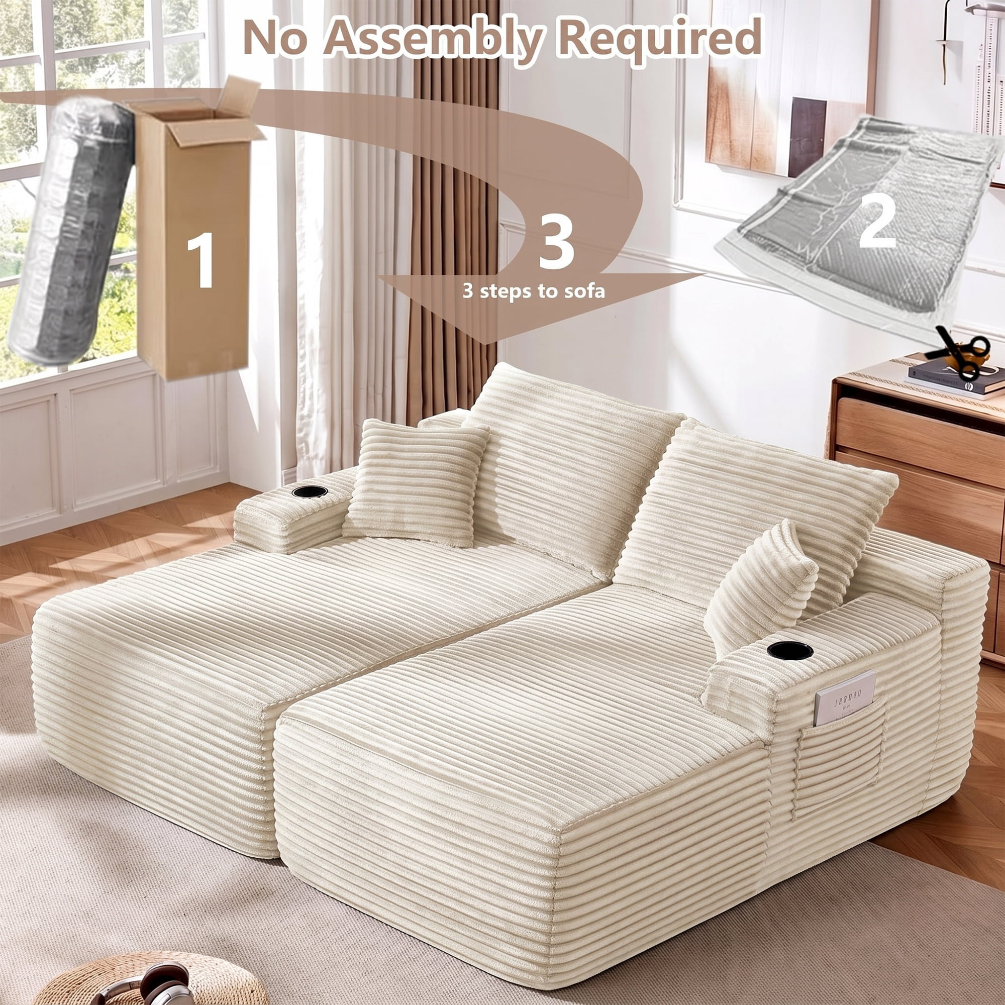 Aukfa 69" Oversized Double Chaise Lounge Boneless Couch Modular Loveseat Sleeper Sofa Bed for Living Room, 2 Cup Holders, Corduroy, Beige