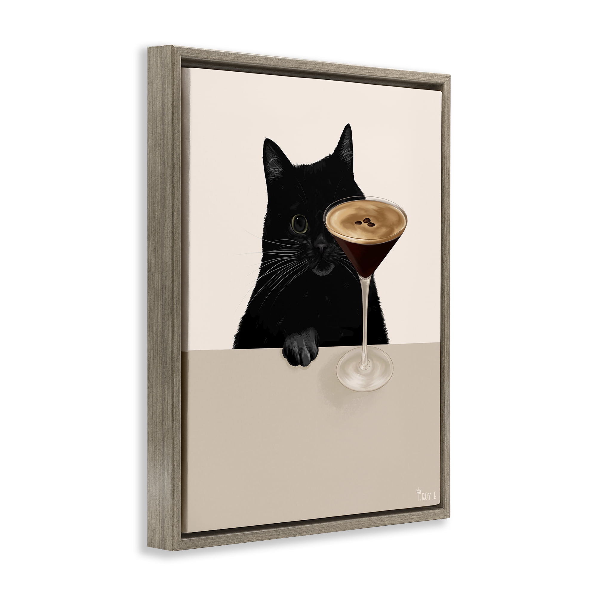 Stupell Industries Cat & Espresso Martini Food & Beverage Painting Brown Floater Framed Art Print Wall Art, 17 x 21