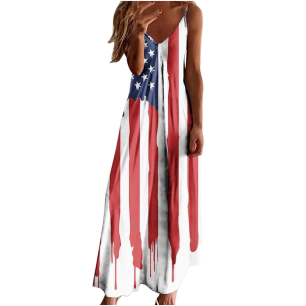 Vestido largo de playa ajustado con estampado de rayas sin mangas con cuello en V y cintura media a la moda para mujer del Día de la Independencia Pompotops ghjkhdj8418