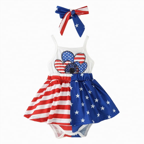 UngA My 1st 4th of July Baby Girl Outfit American Flag Sleeveless Romper Dress Stripe Star Bodysuit Newborn Infant Summer Clothes (White,18-24 Months)