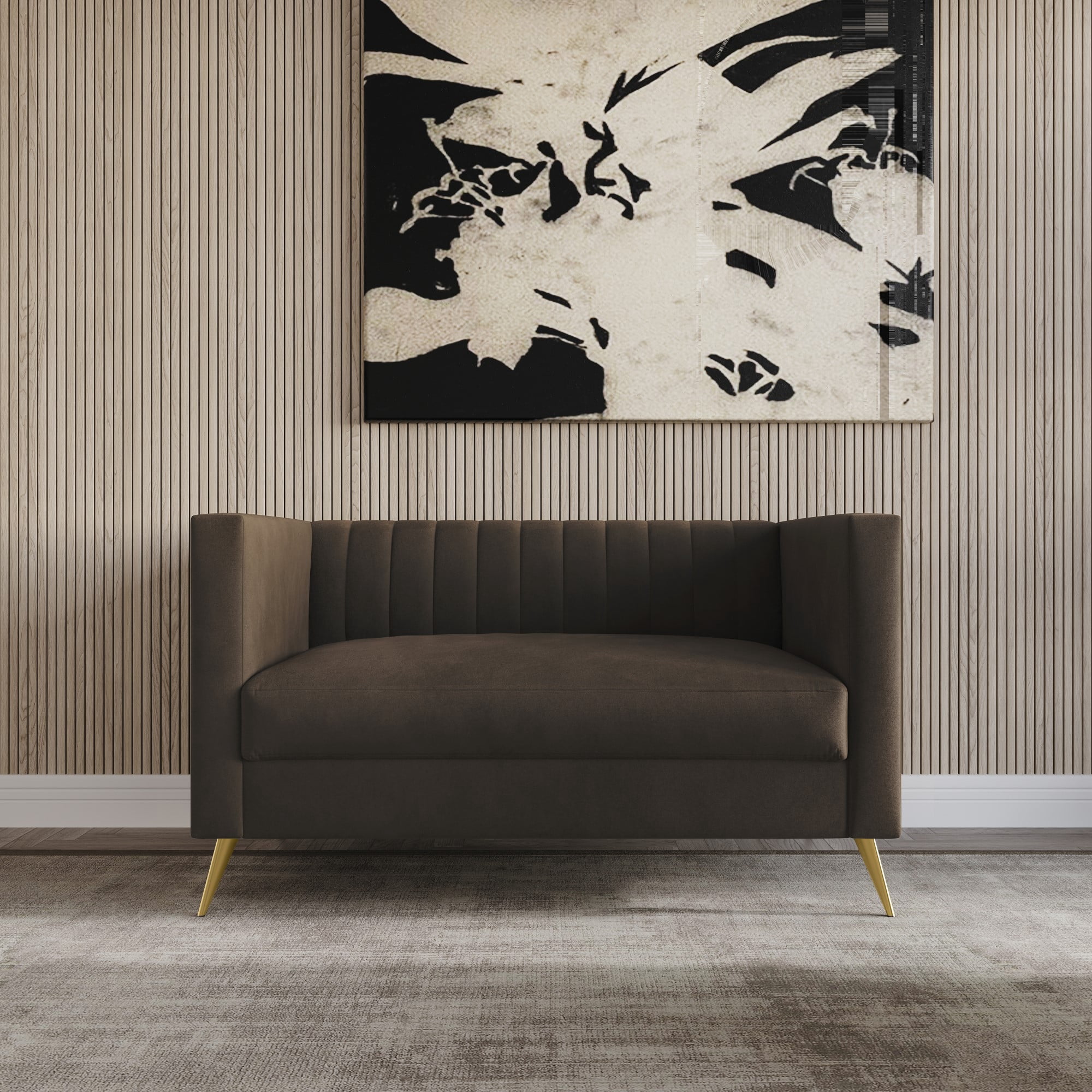 Home Design Weiss Velvet Square Arm Loveseat with Channel-Tufted Back and Gold Metal Legs, Modern Upholstered Living Room Seating, Brown