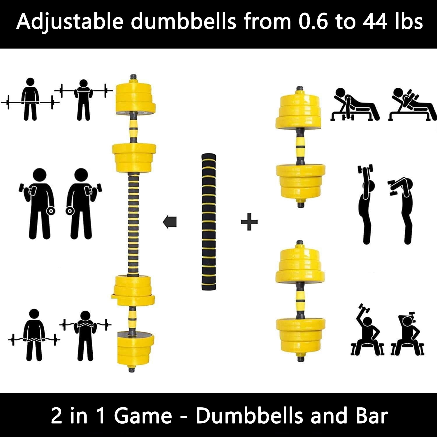 Tuekys 2 in 1 44LBS Adjustable Dumbbell Set, Free Weight Set Used as Dumbbell and Barbell for Home Gym Fitness Workout Equipment