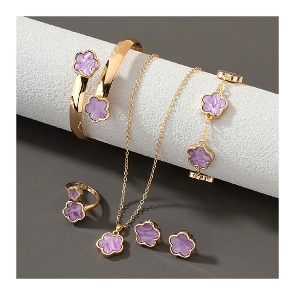 Joernso 5Pcs/Set Women Jewelry Set Lucky Flower Decor Sparkling Rhinestones Necklace Bracelet Bangle Earrings Ring Set Fashion Jewelry