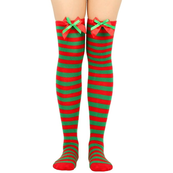 Calcetines largos hasta la rodilla para mujer, lisos, con lazo navideño y bola, cálidos, para mujer