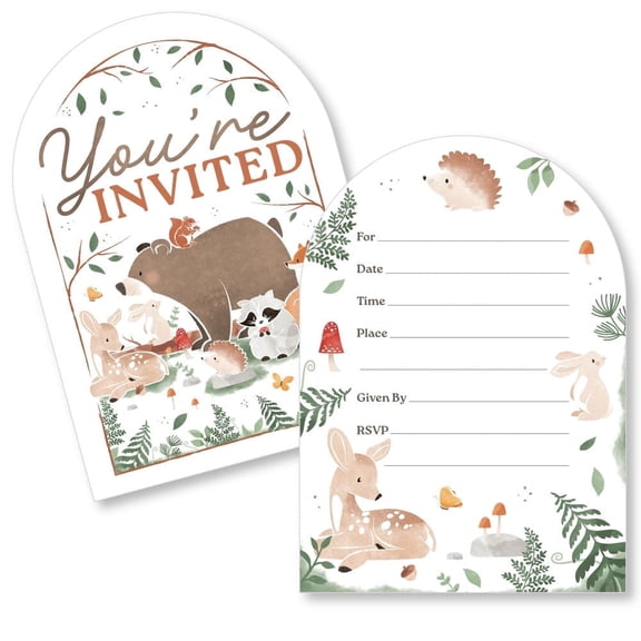 Big Dot of Happiness Woodland Animals Invitations with Envelopes, You're Invited Forest Baby Shower or Birthday Party Fill-In Invitation Flat Cards - Set of 12