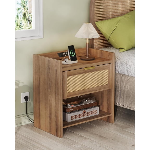 Rattan Nightstands Set of 2 with Charging Station and Storage, Boho Bedside Tables for Bedroom Living Room