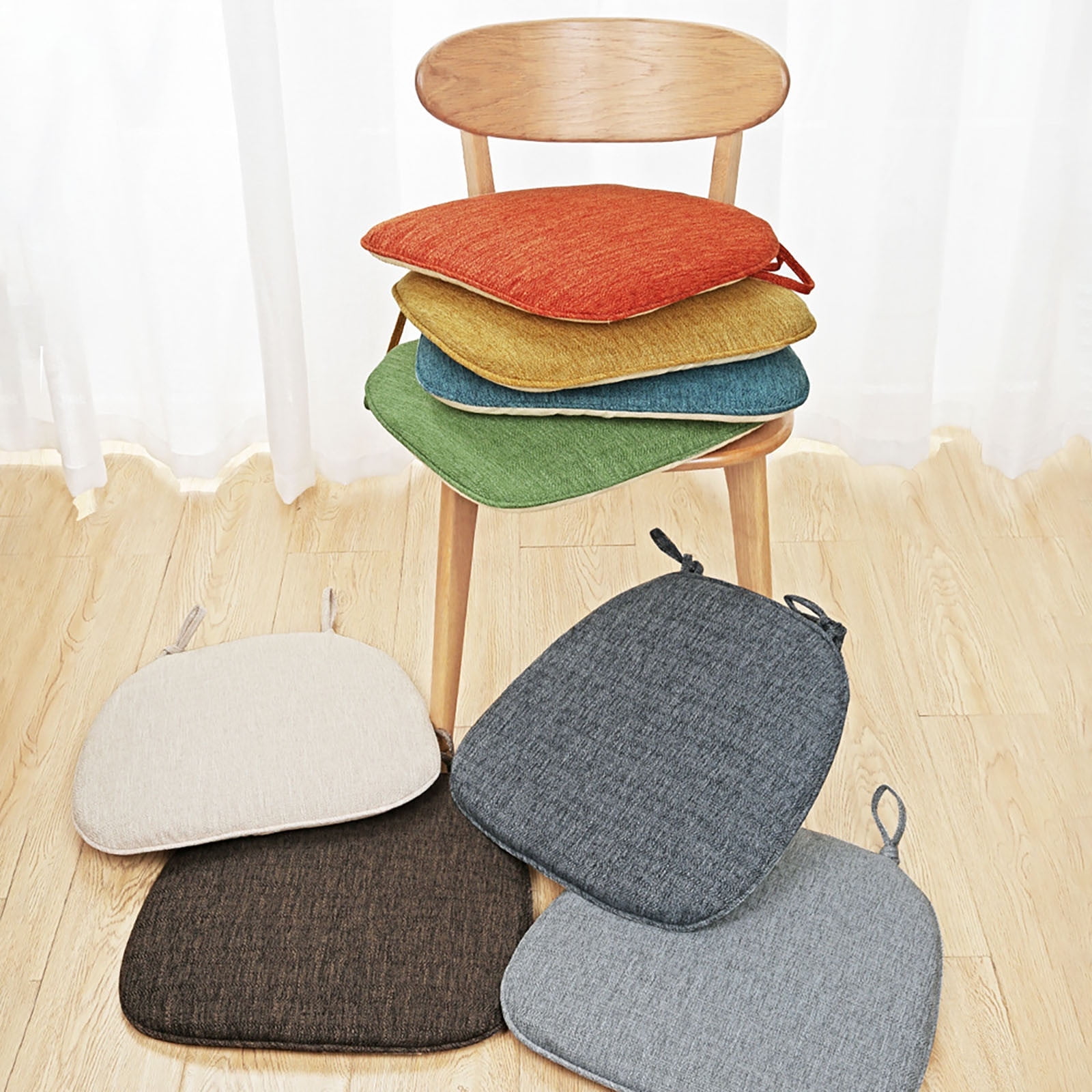 Chair Cushions U-Shaped Set of 2, 17" x 16" Non- Kitchen Dining Chair Pads with Tie Closures, Indoor Outdoor Seat Cushions with Removable Washable Covers, Beige