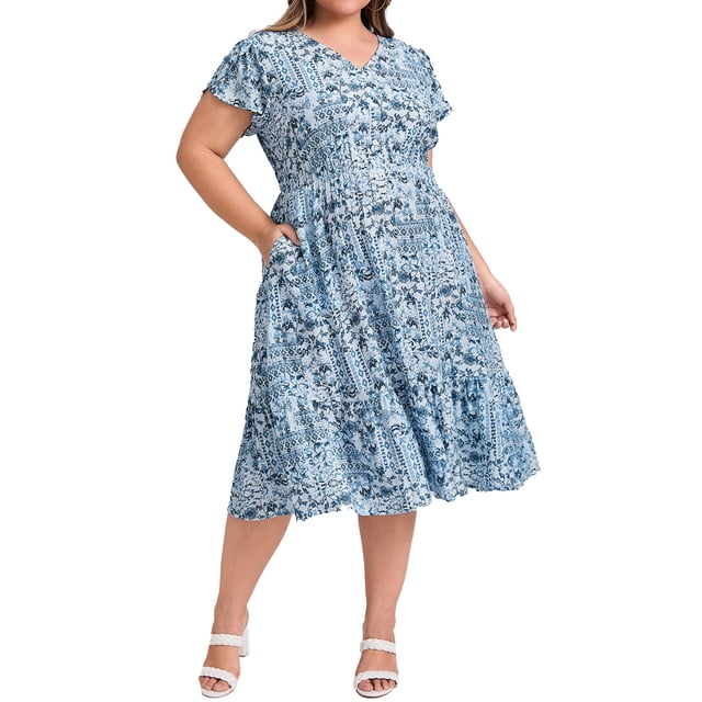 GRACE & GRANDEUR Vestidos Maxi de Mujer Talla Grande para Pascua Boho con Botones Decorativos, Floral, Cuello en V, Manga Corta, Cintura Elástica 1X Azul Lago