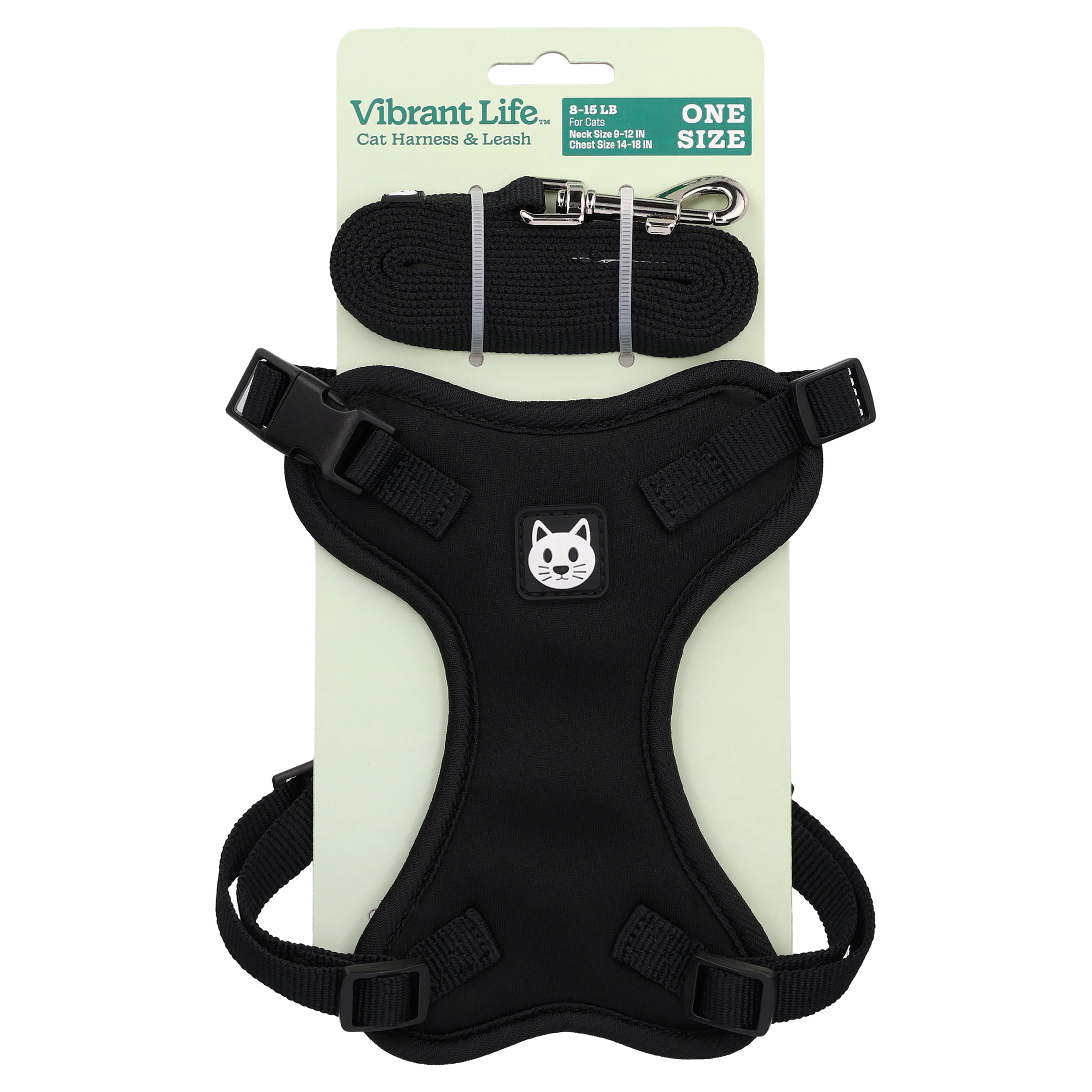 Vibrant Life Adjustable Cat Harness and Leash, Black, One Size