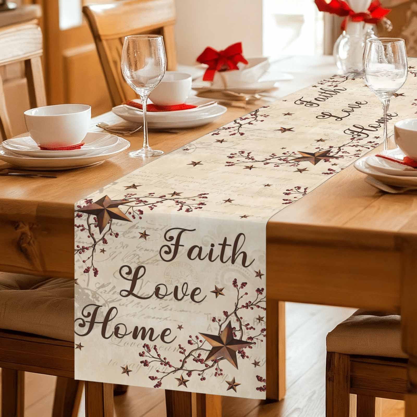 Brown Farmhouse Cotton Linen Table Runner for Dining Kitchen, Retro Country Stars Rustic Branches Berry Wedding Outdoor Party Tablerunners, Dresser Scarf Coffee Tablecloth Runners 13x120 Inches