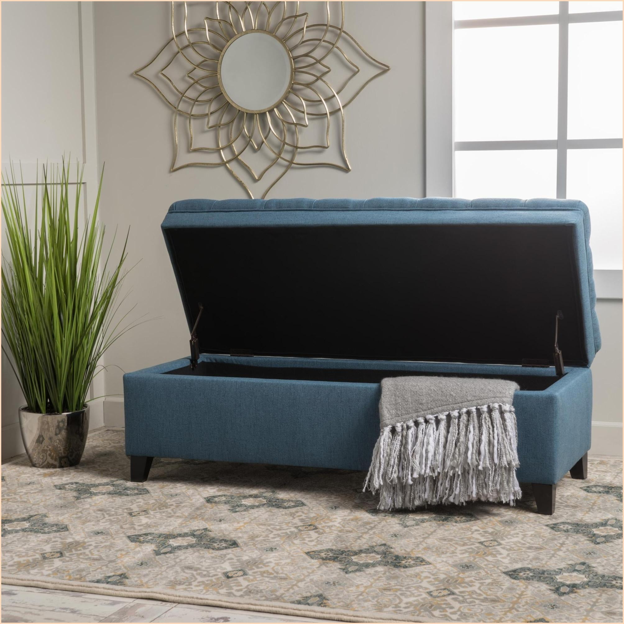 Storage Ottoman, Modern Fabric Navy Blue Birch Legs 50” L x 20.5” W x 18.3” H Living Room Extra Seating | Fabric | Navy Blue