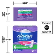Always Discreet Incontinence Panty Liners for Bladder Leaks, Size 2, Very Light Absorbency, Long Length, 44 Count