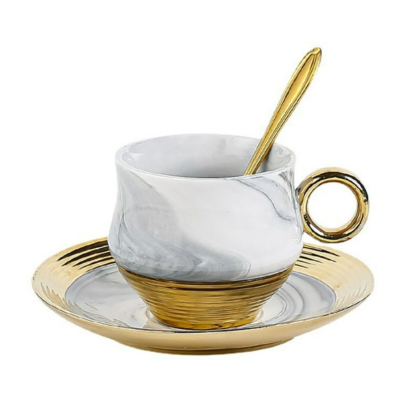 Bewildely Taza de café de cerámica, tazas de postre, juego de té, platillo, cuchara, tazas con mango dorado, utensilios de café para fiesta, Juegos de servir café y té Gris 200ML