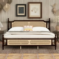 King Pine Bed with Rattan Headboard & Footboard - Espresso