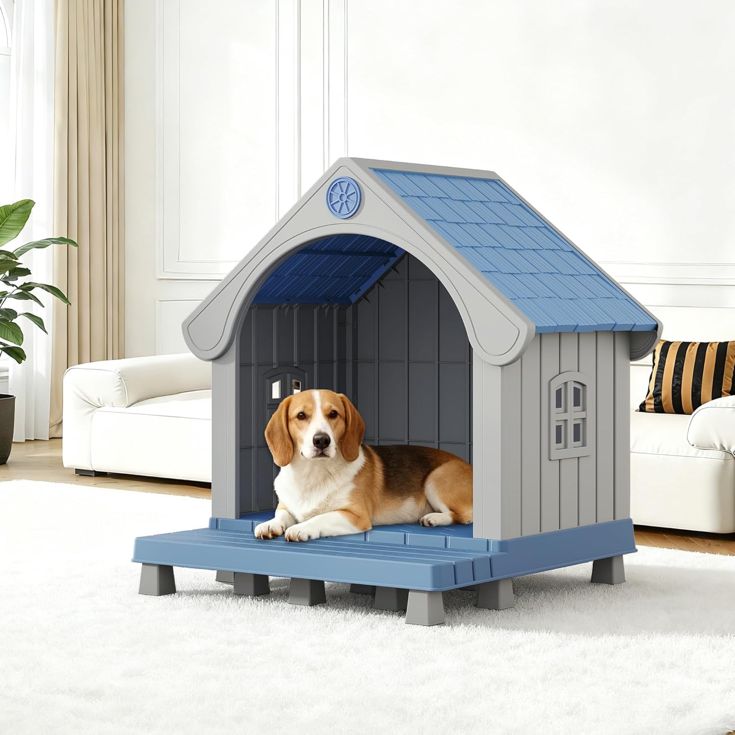Dog House Outdoor Weatherproof with Porch for Small Medium Dogs, Durable Plastic Pet House with Sloping roof and Elevated Floor, Easy Cleaning and Assemble (Blue)