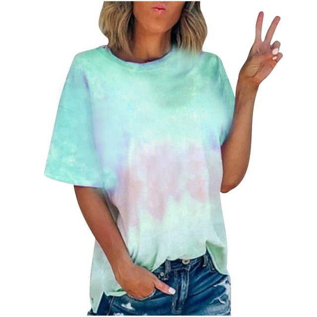 Tops de Manga Corta de Verano para las Mujeres Cuello Redondo Impresión, Moda Casual Blusa Suéter de Poliéster