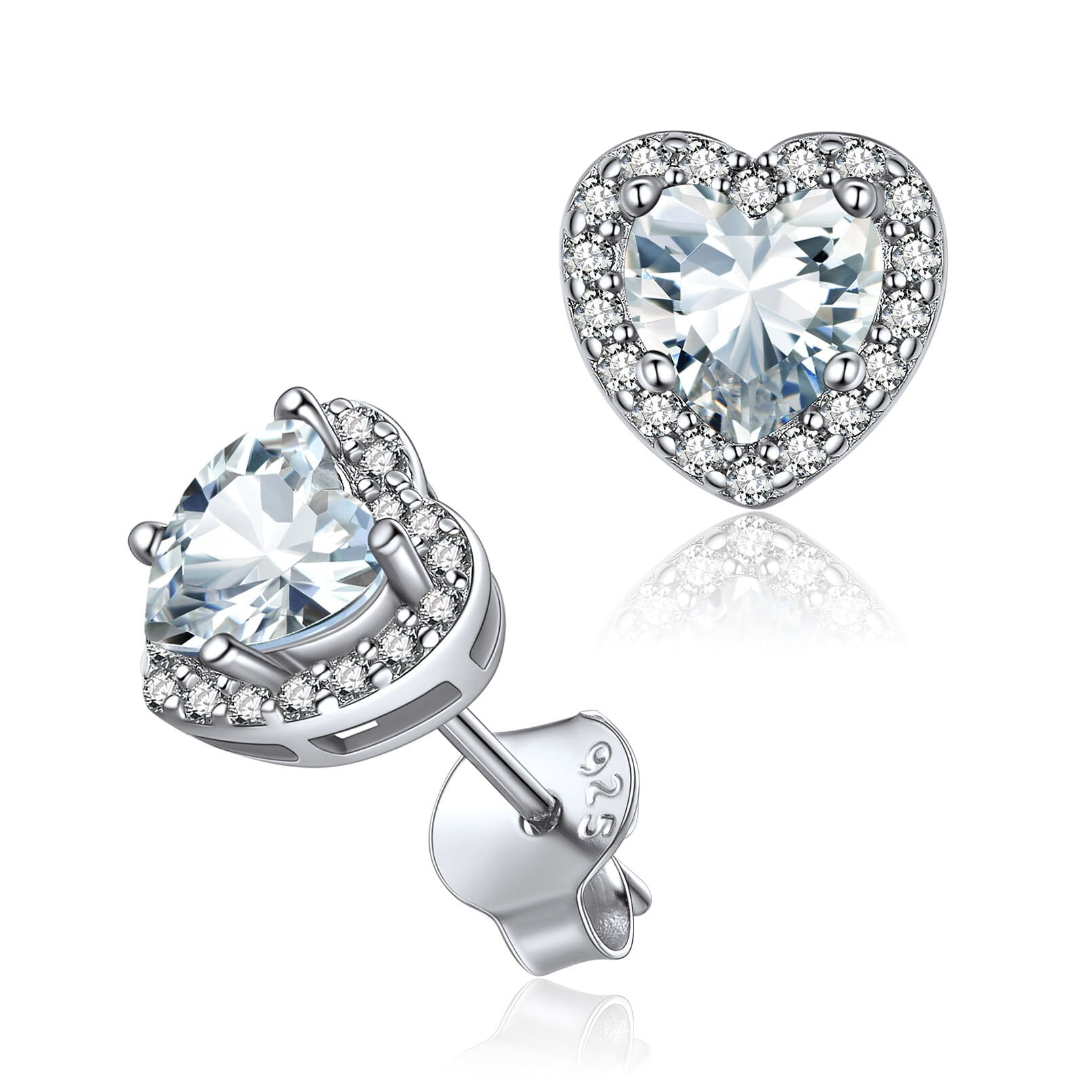 Halo Heart Stud Earring in Sterling Silver with Simulated Birthstone and CZ